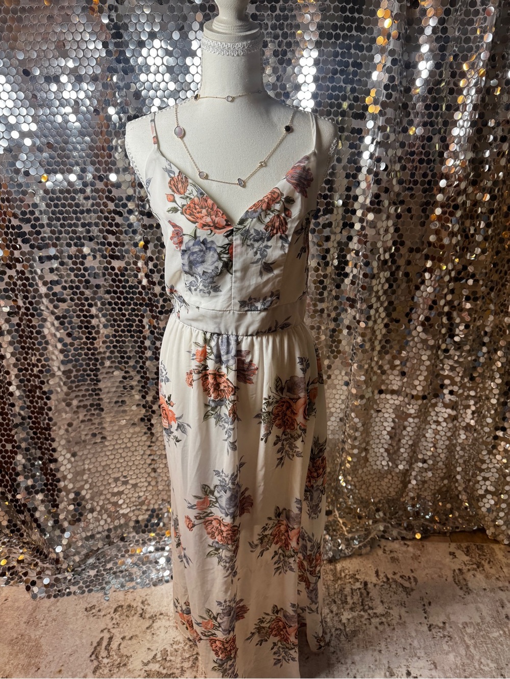 Streetwear Society Cream Floral Maxi Dress with Orange & Gray Blooms